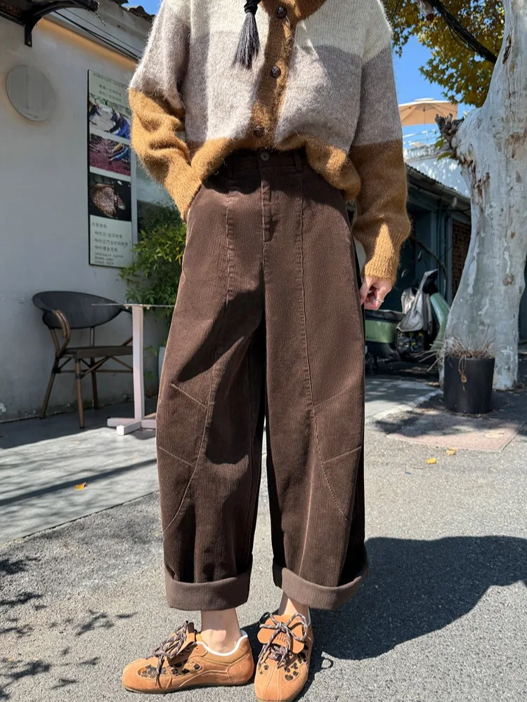 Pantalon large en velours côtelé blanc pour femme, taille haute, drapé, décontracté, pantalon droit à neuf points, pantalon de costume, automne hiver, nouvelle arrivée