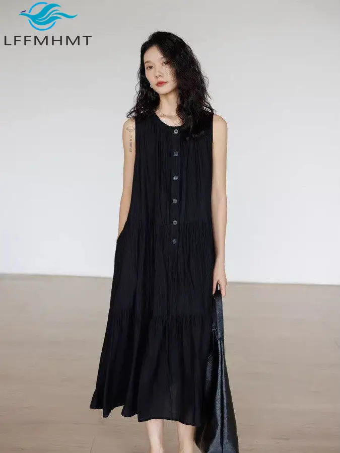 Summer New Fashion Black Basic Sleeveless A-line Dress for Women Office Lady Solid Color Loose Casual Frocks Commuting Clothing