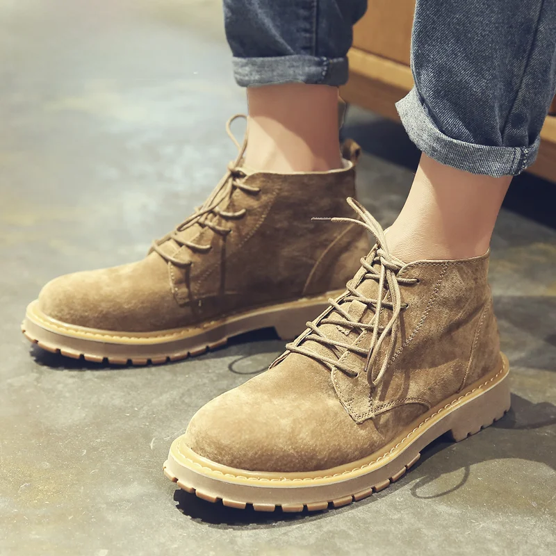 

AJMY Fce Lined Boots Men's Workwear Genuine Leather Retro Casual ort Boots Mid-Calf Youth Low Wear Resistant roun...