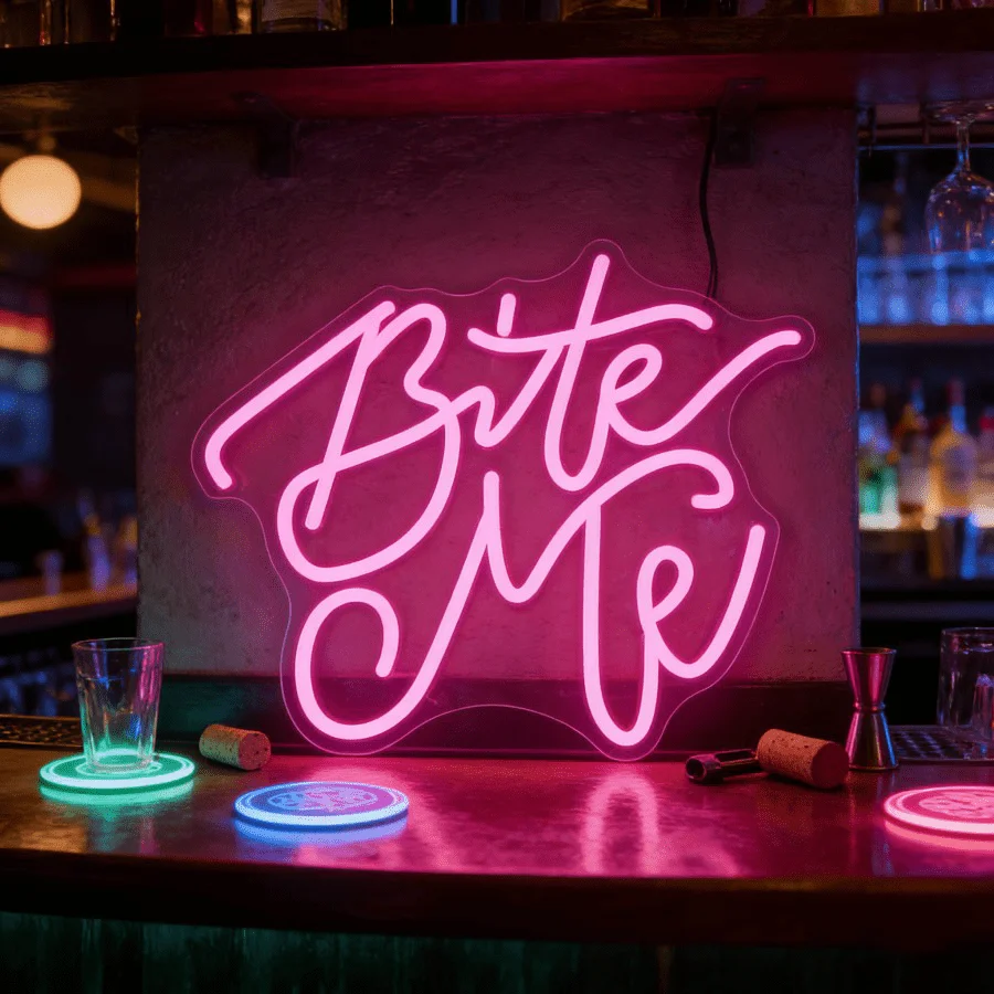 

Неоновая LED-вывеска «Bite Me Pink» с USB-питанием и регулировкой яркости, неоновая подсветка для декора стен бара, кафе, дома, кухни, забавная надпись, идея для подарка