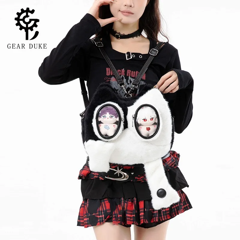 

Cat Shaped Furry Ita Backpack with Double Clear Windows, Cute Plush Bag for Displaying 10cm Cotton Dolls and Anime Pins