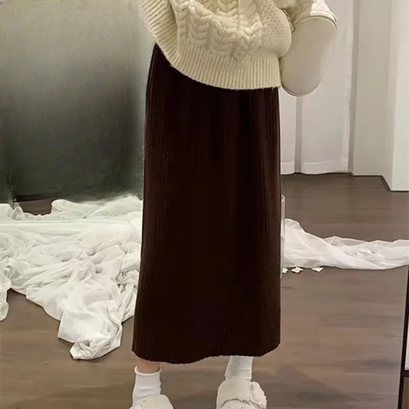 

Autumn Winter Loose Ribbed Knitted Skirts for Woman Casual Solid Color Sweater Skirt Lady Elastic High Waist A-Line Skirts Women