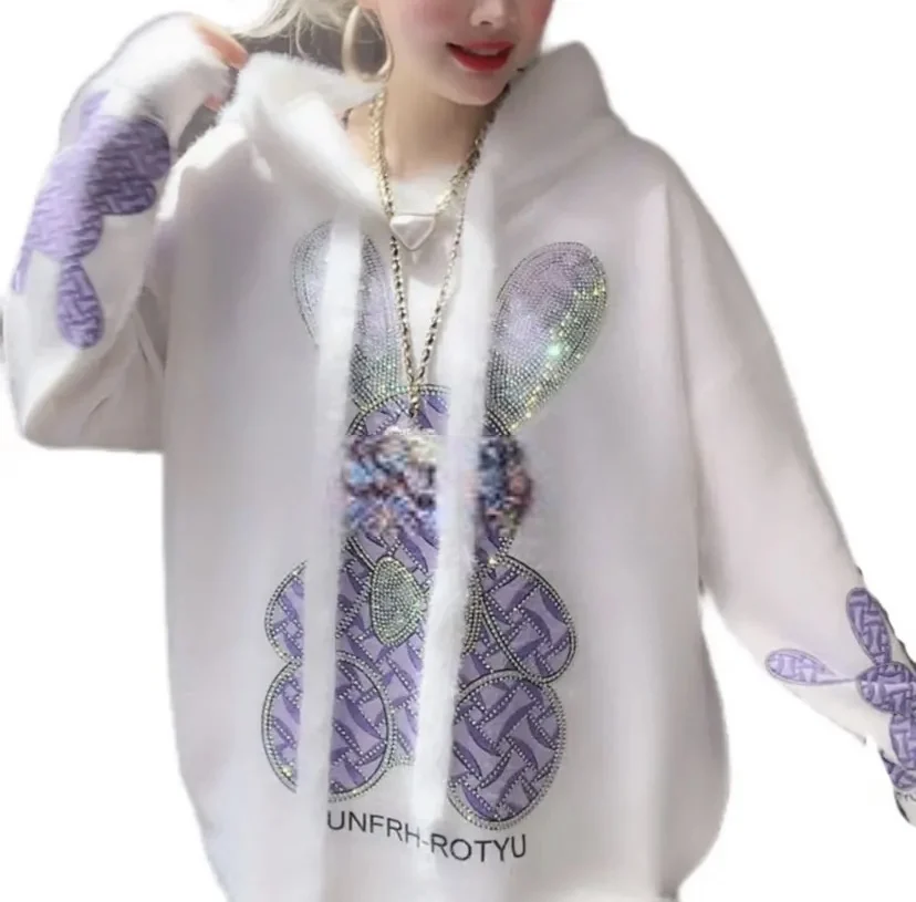 Round Neck Pullover Cartoon Rabbit Fashion Rhinestone Printed Knitted Coat Women Spring Autumn Loose Hoodie Long Sleeve Sweater