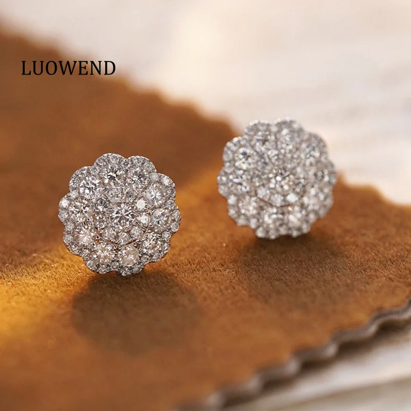 LUOWEND 18K White Gold Earrings Luxury Flower Design 1.26carat Real Natural Diamond Stud Earrings for Women High Wedding Jewelry