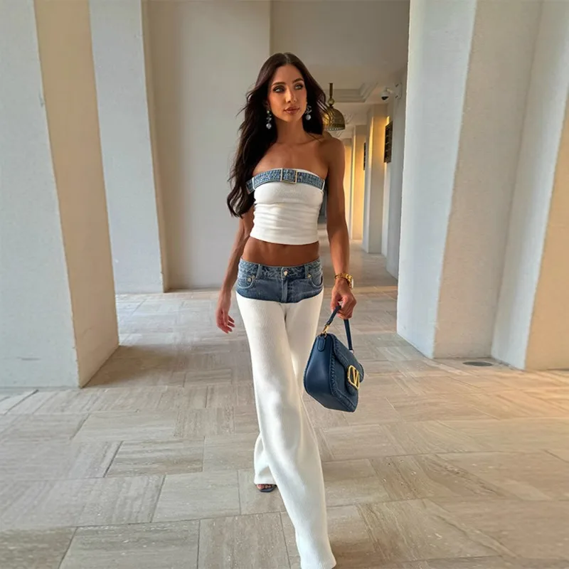 

Джинсовый лоскутный комплект из 2 предметов, женские сексуальные укороченные топы без бретелек с поясом + свободные прямые брюки с высокой талией, повседневные уличные костюмы