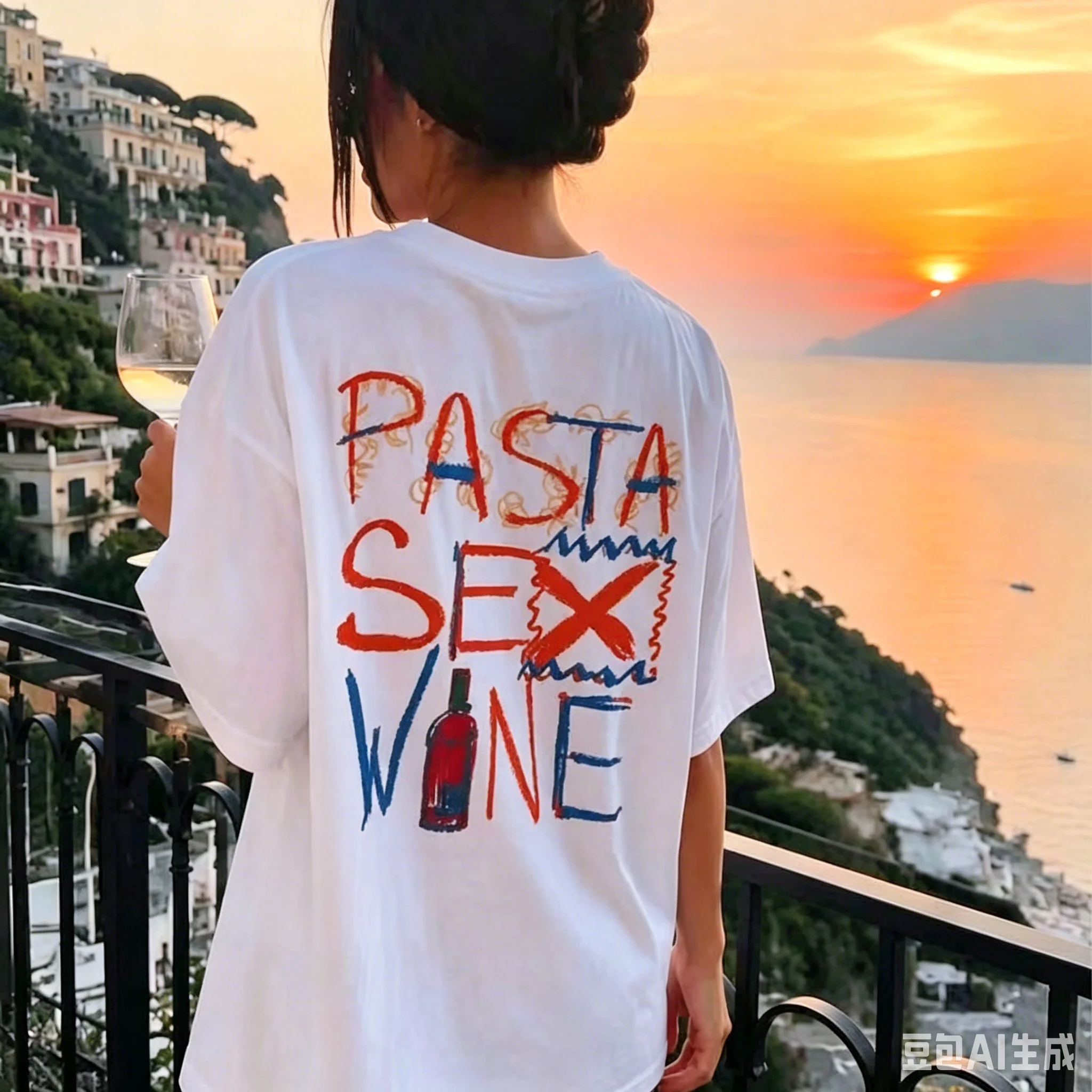 Chic Sweet Lady White Cotton T-Shirt Back Print Crayon Doodle Pasta Wine Graphic Vintage Italian Coast Vacation Loose Casual Tee