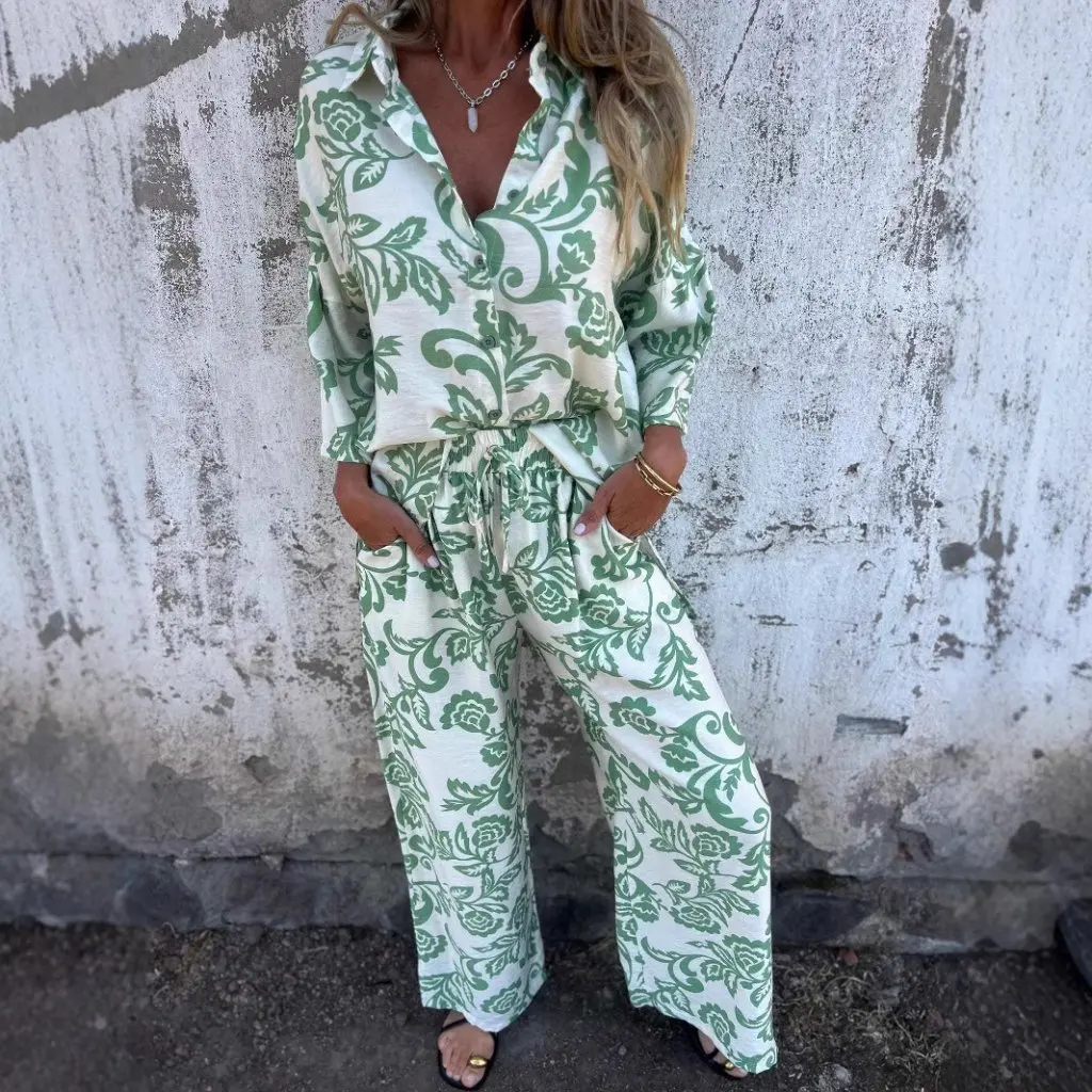 

Повседневный женский комплект из двух предметов с принтом, рубашка и брюки, костюм в европейском и американском стиле, новая популярная женская одежда для