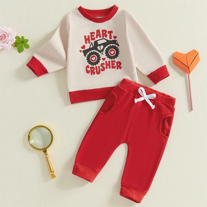 Toddler Boys Valentine s Day Outfits Heart Truck Print Crew Neck Long Sleeve Sweatshirts Long Pants 2Pcs Clothes Set