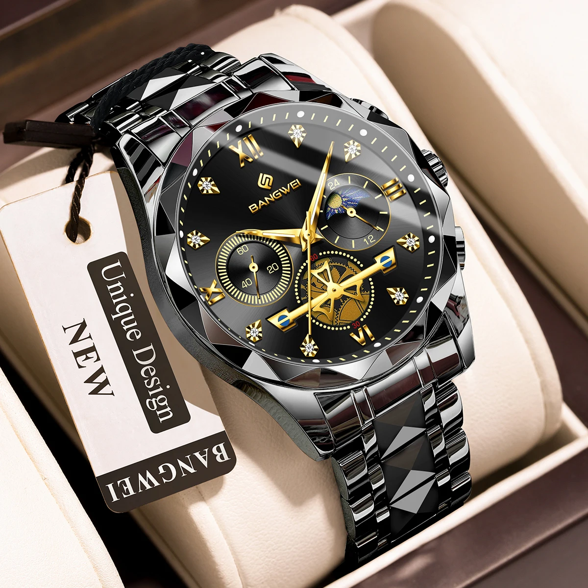BANGWEI 2026 Men's Quartz Watch Multifunctional Moon Phase Stainless Steel Wristwatch Luminous Waterproof Business Watch for Men