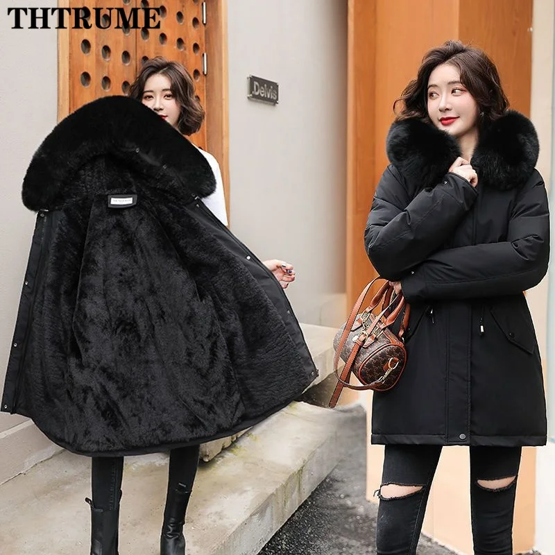 Elegant Hooded Liner Parka Fashion Autumn Winter Thick Long Sleeve 2024 New Coats Clothing Casual Fur Collar Wool Zipper Parkas