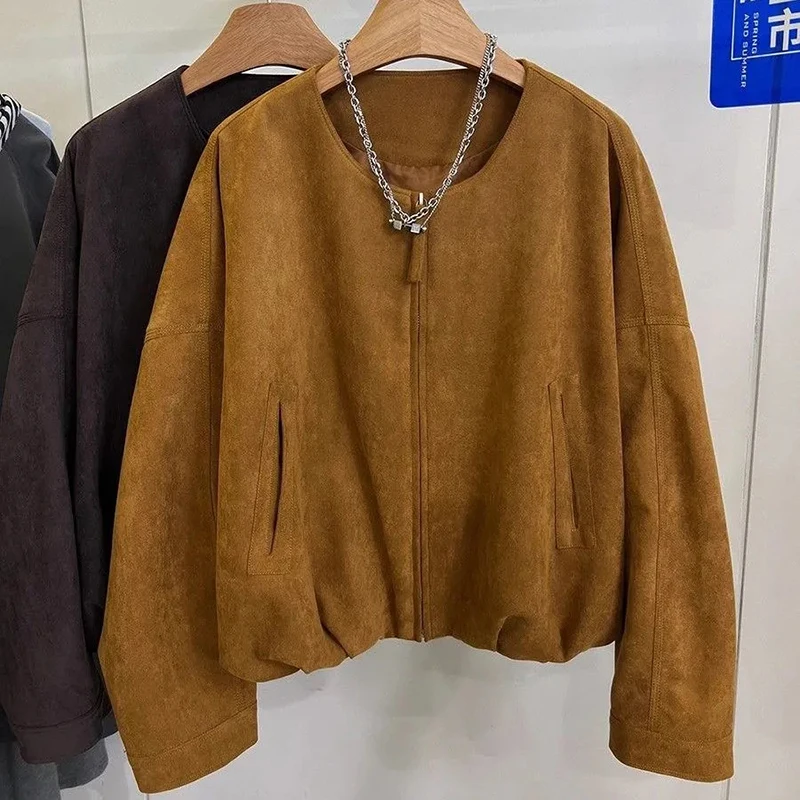 

Американская винтажная куртка из искусственной оленьей кожи, женское весенне-осеннее свободное пальто на молнии Harajuku Y2K, повседневная уличная классическая простая верхняя одежда