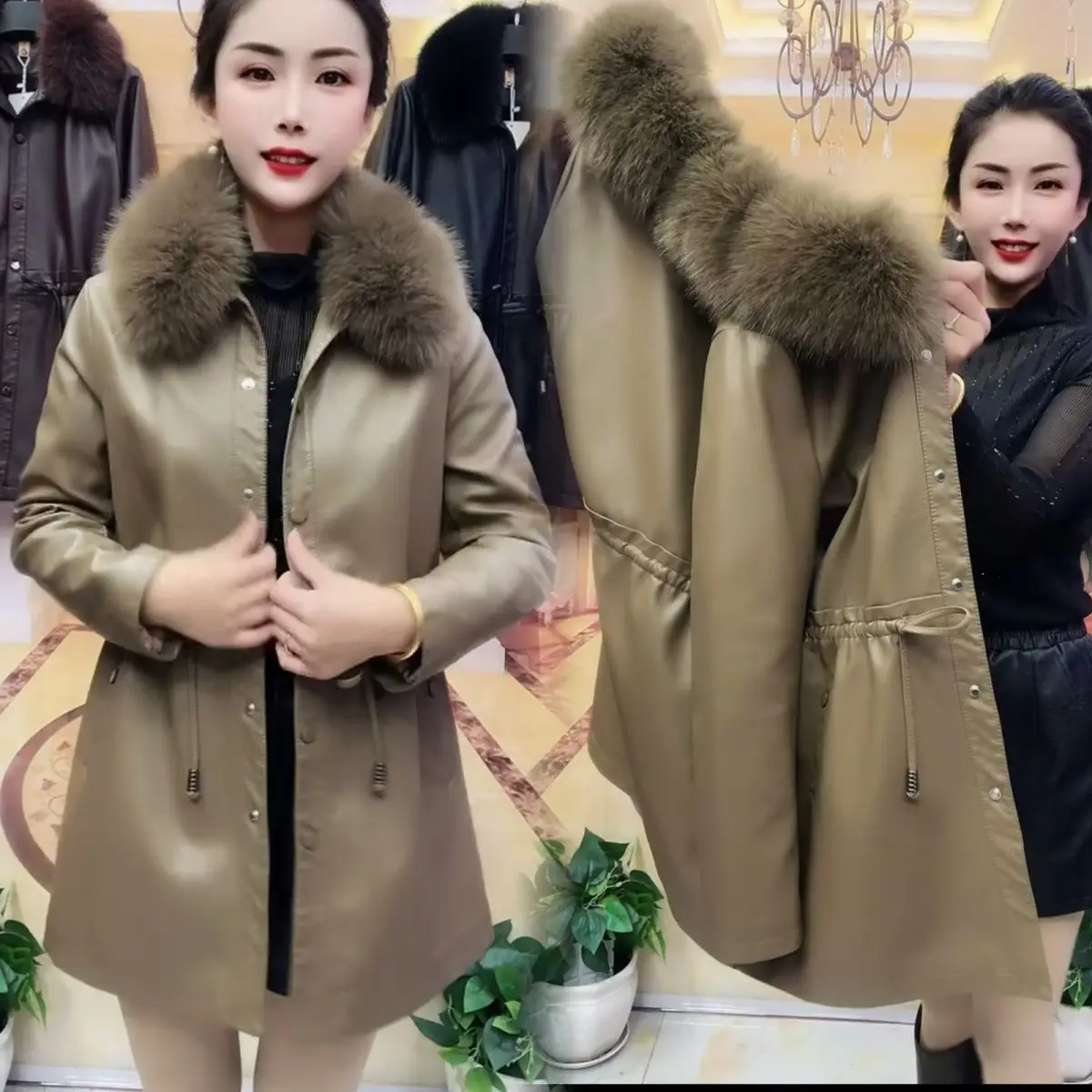 Autumn Winter Fur Collar Faux Leather Jacket Women Fashion New Plush Thicken Leather Coat Fashion Faux Long Leather Windbreaker