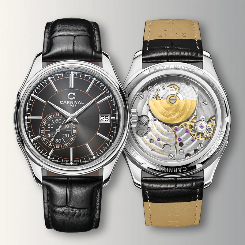 Original CARNIVAL Automatic Watch High Quality Small Seconds Mechanical Watches for Man Sapphire Leather Waterproof Reloj Hombre