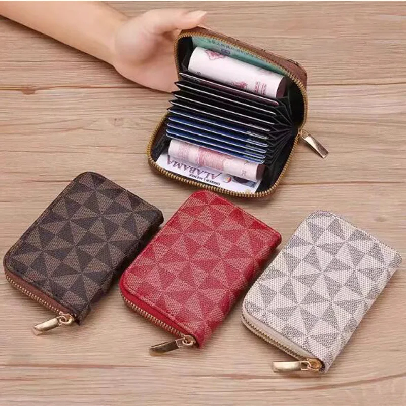Fashionable Geometric Pattern PU Leather Multi-card Slots Zipper Coin Purse, Unisex Portable Card Holder & Wallet