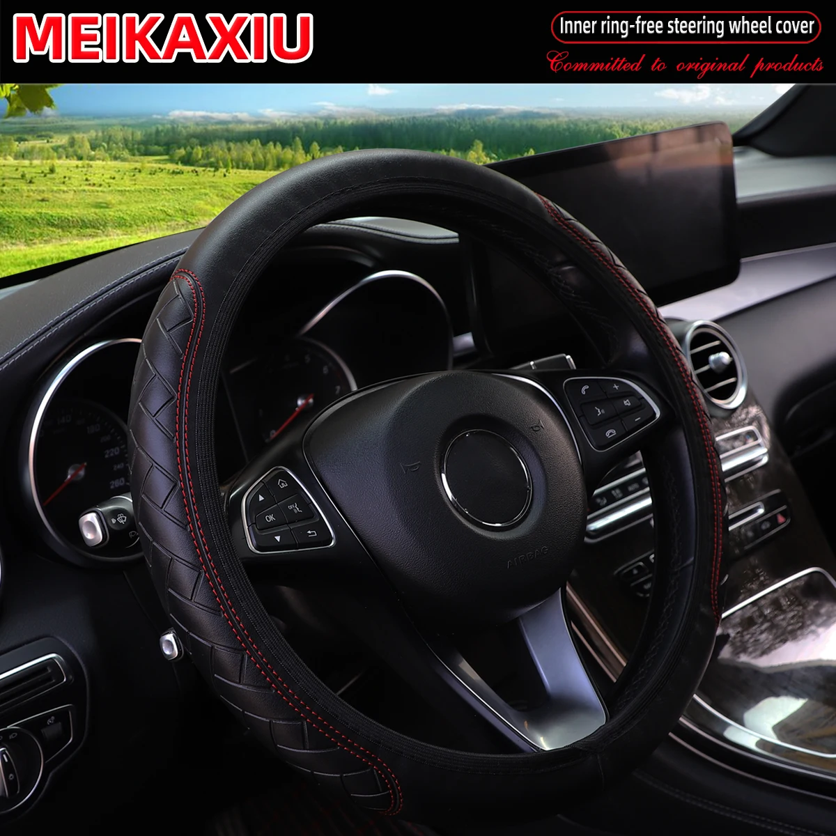 The new PU embossed leather check pattern car steering wheel cover is suitable for 14.5 - 15-inch car interior decorations.