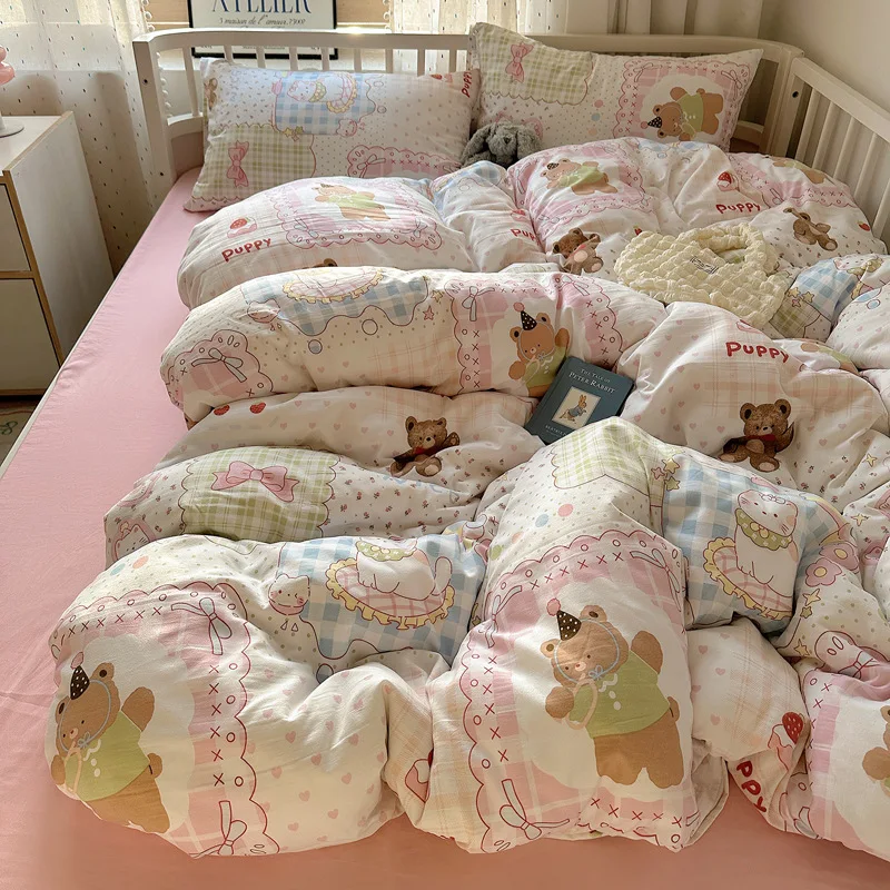 Lovely Cartoon Printed Cotton Bed Sets Super Soft Skin-Friendly Bedding Set for Dorm Home Queen King Size Soft Bed Decoration
