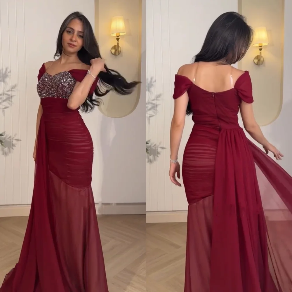 

Customized High Quality Chiffon Pleat Sequined Mermaid Off-the-shoulder Long Dresses Bespoke Occasion Exquisite