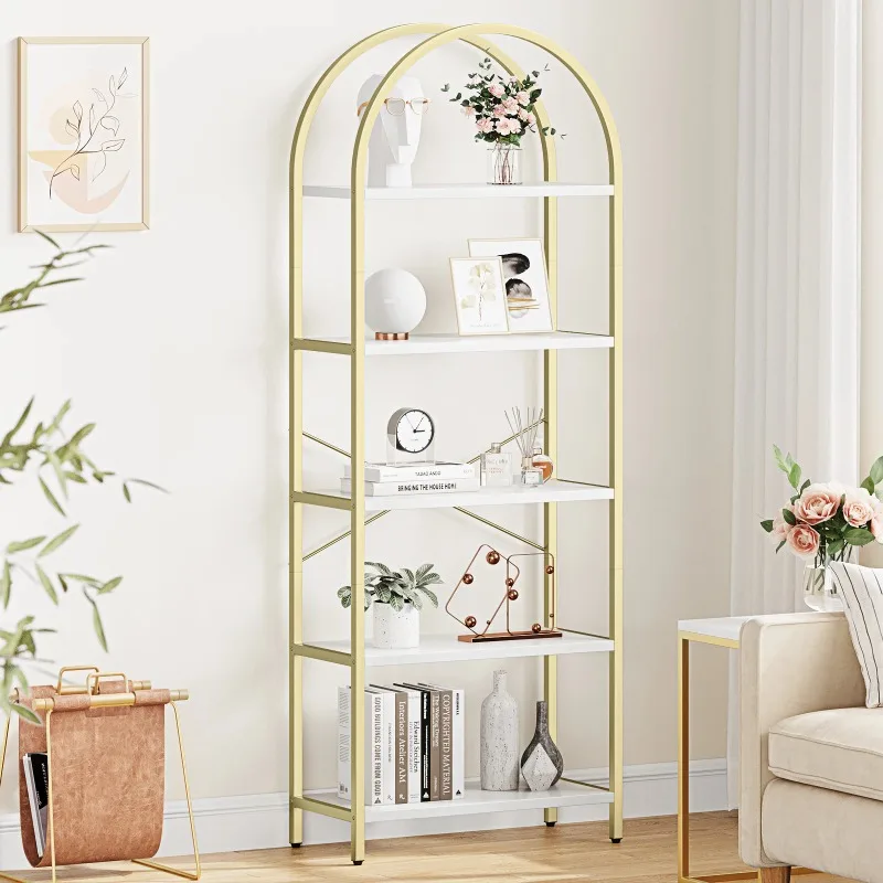 Bookshelf 5 Tier Bookcase Arched Display Racks Tall Standing Bookshelves Metal Frame Modern Storage Rack for Bedroom