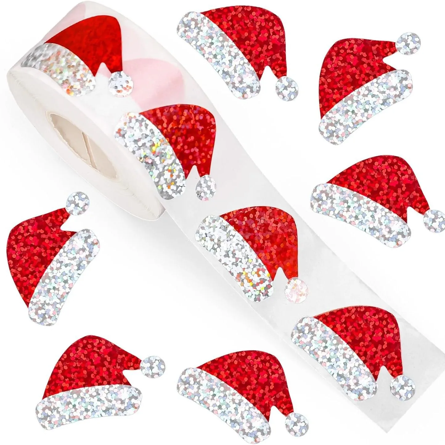 500 Uds. Rollo de pegatinas de sombrero de Navidad, pegatinas de sello de sombrero de Papá Noel rojo láser, calcomanías de Navidad para sobre, diario, decoración, suministros para fiestas, 3cm