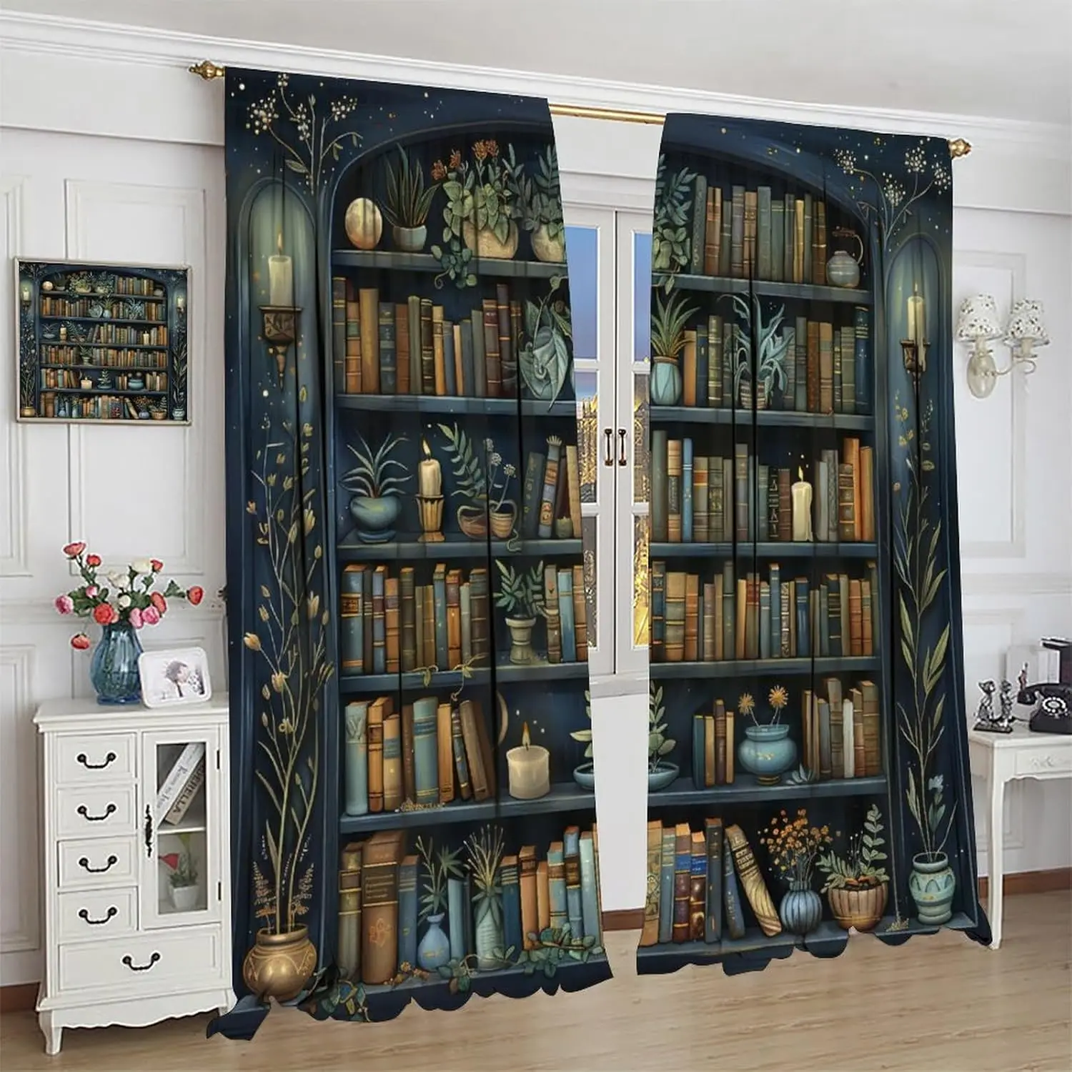 Vintage Bookshelf Curtains,Fantasy Bookshelf Books Medieval Style Home Decor Bedroom Living Room Window Treatment Drapes 2 Panel