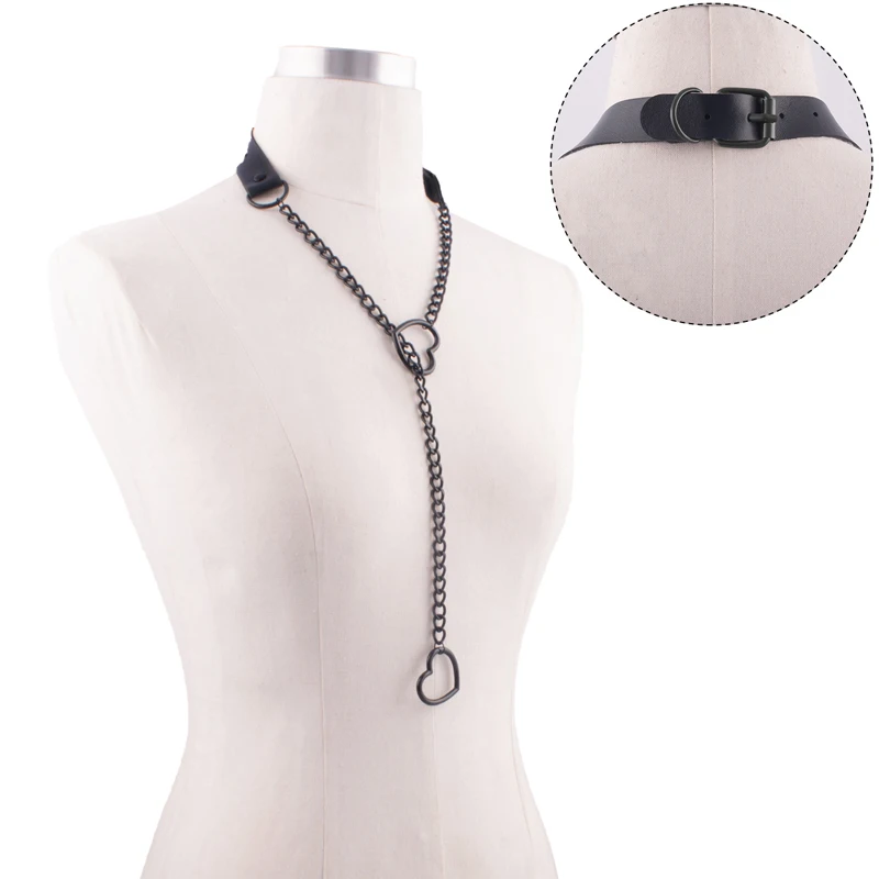 Heart Slip Chain Y Necklace Black leather Choker Collar For Women Goth Fashion Punk Jewelry