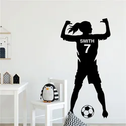 Girls Football Player Personalizable Name Wall Sticker Athletic Sports Girl Room Bedroom Living Room Decor Vinyl Wall Decal Gift