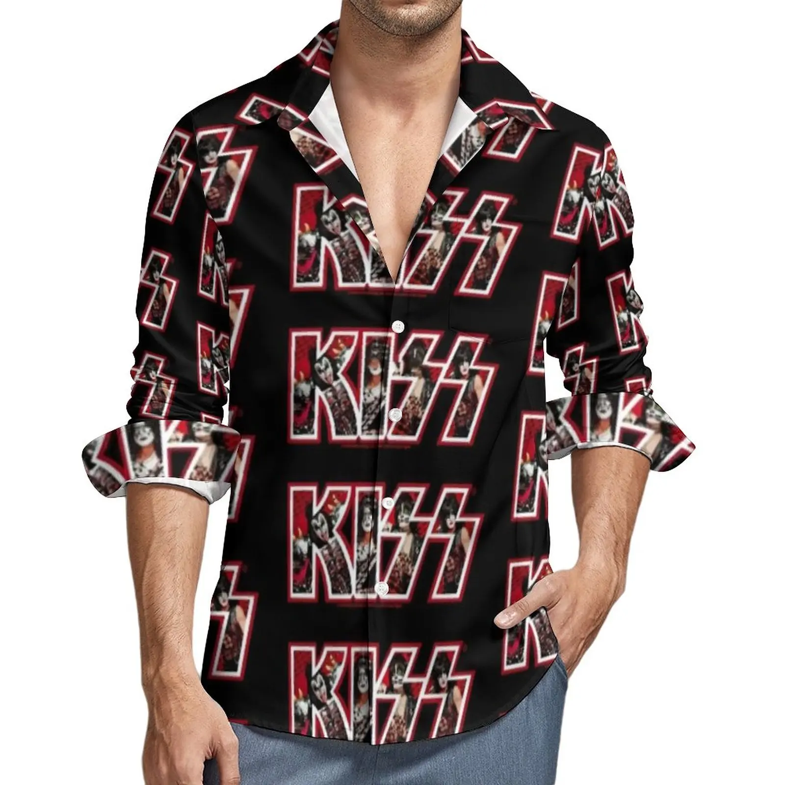 Kiss Band Photo Logo Shirt uomo Kiss Fan Art camicie Casual primavera Y2K camicette personalizzate manica lunga sciolto oversize Top Idea regalo