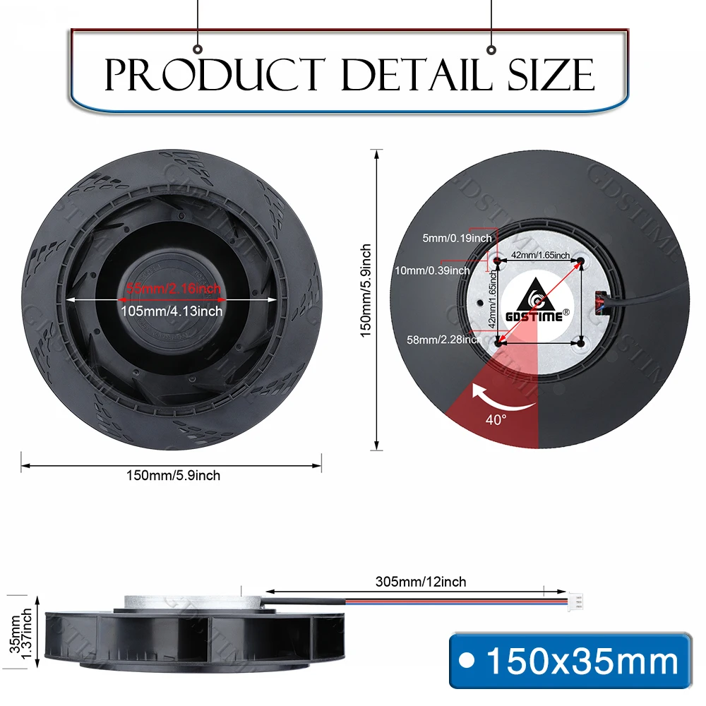Gdstime 150MM Fan DC 12V 150MM*35MM Centrifugal Turbo Cooler Fan 15035 Large Air Round Fan 15CM Dual Ball 3PIN PWM Pipe Blower image 5