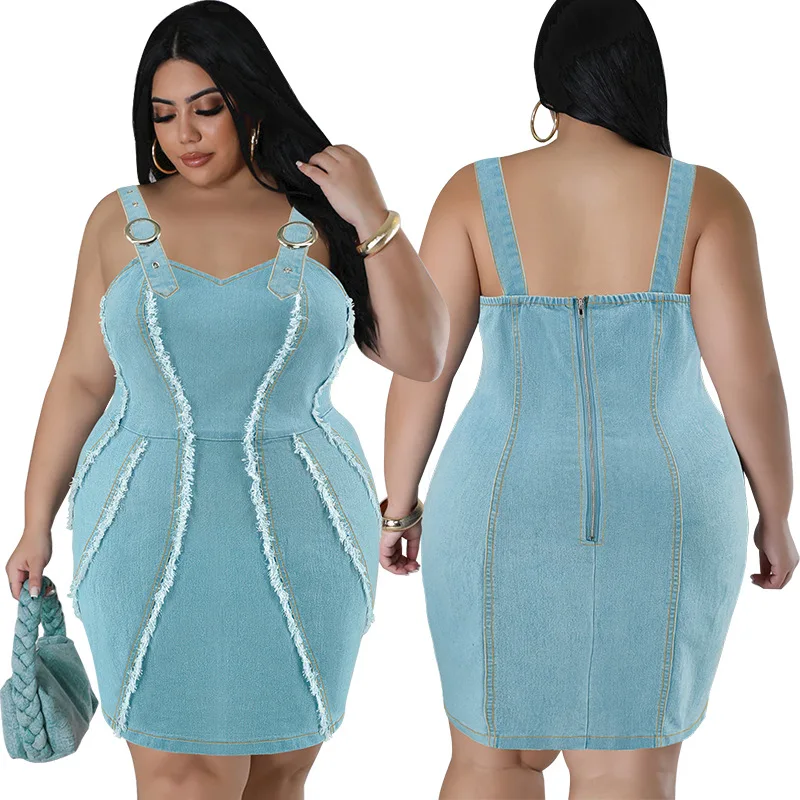 Plus Size Sexy Denim Strapless Tassels Short Dress Summer Oversize Sleeveless Bodycon Vestidos Casual Jean Robes Outdoor Wear