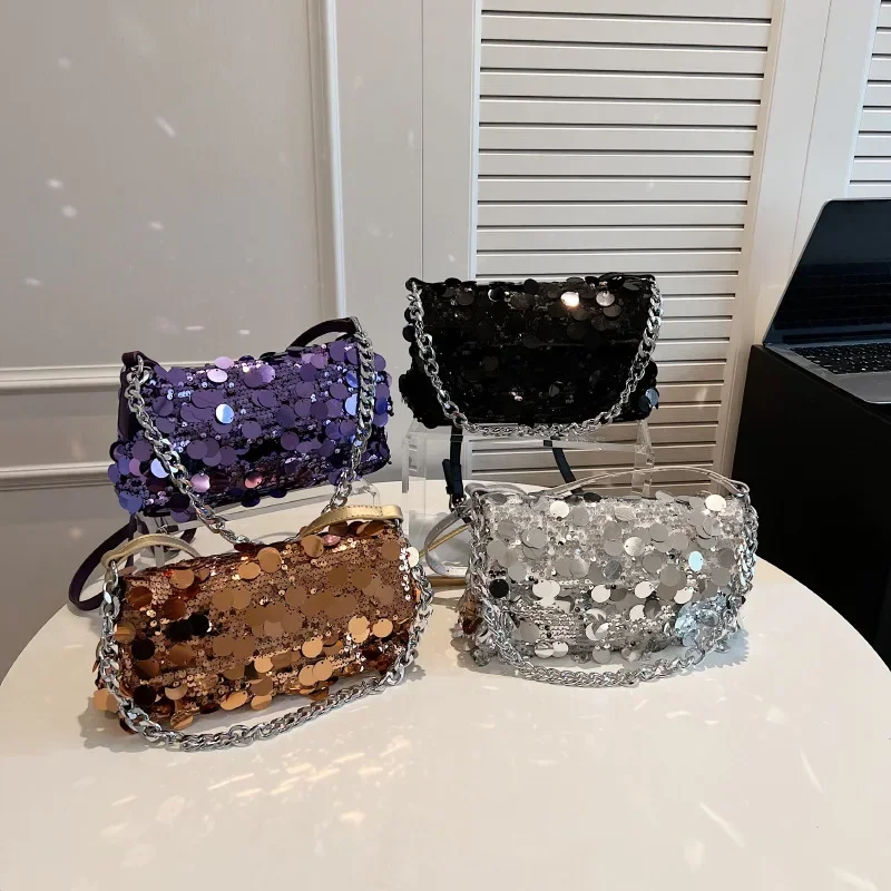 

New Sequin Underarm Bag 2024 Fashion Designer Luxury Dinner Bag Lady Chain Strap Handbag Crossbody Women's Pocket purses