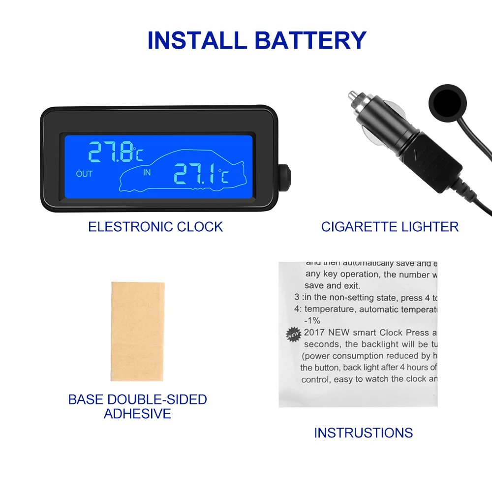 Car Digital Clock Inside Outside Car Temperature Thermometer Battery  Voltage Monitor Meter LED Backlight with Cigarette Socket
