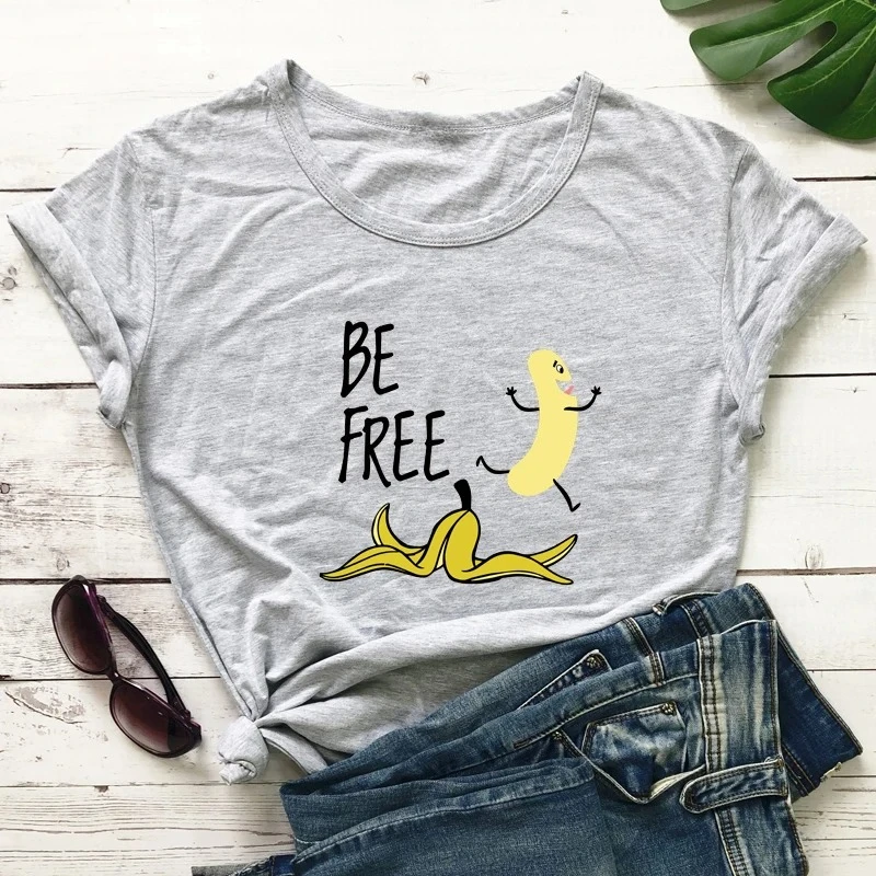 Be Free Naked Banana Colored Printed T-shirt Funny Fruit Foody Gift Tshirt Aesthetic Women Short Sleeve Hipster Humor Top Tee