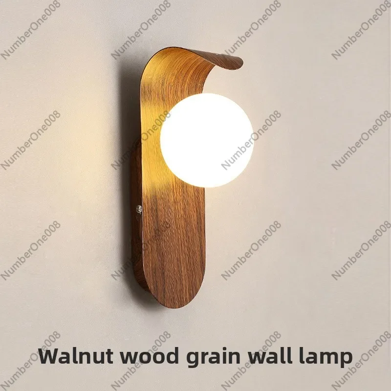 Modern Walnut Grain Wall Sconce Simple Mid Century Wall Lamp for Living Room TV Background Bedroom Bedside Aisle Study Room