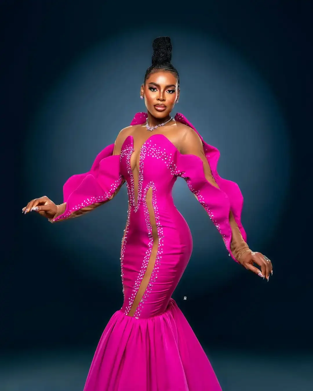 매력적인 자홍색 새틴 우아한 아프리카 여성 이브닝 가운 시스루 메쉬 넥 롱 트럼펫 프롬 드레스 아소 에비 시크 롱 S 맞춤 제작