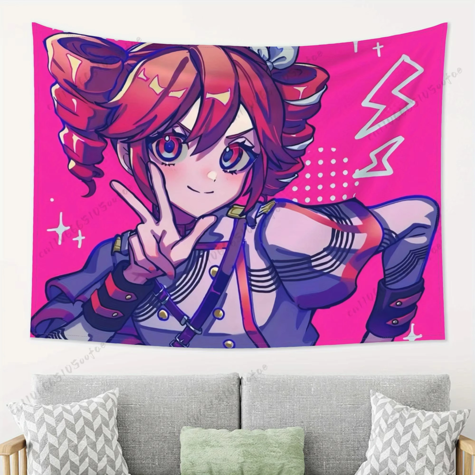 vocaloid-カサネ・テト-ウォールタペストリー-遊び心のあるピースサインポーズ、レトロアニメの美学、utau＆vocaloidファンのためのトレンディなルームデコレーション