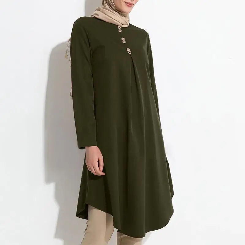 2024 Muslim New Women's Solid Color Button Splicing Fashion Casual Long Sleeve Swallowtail Large Swing Dress