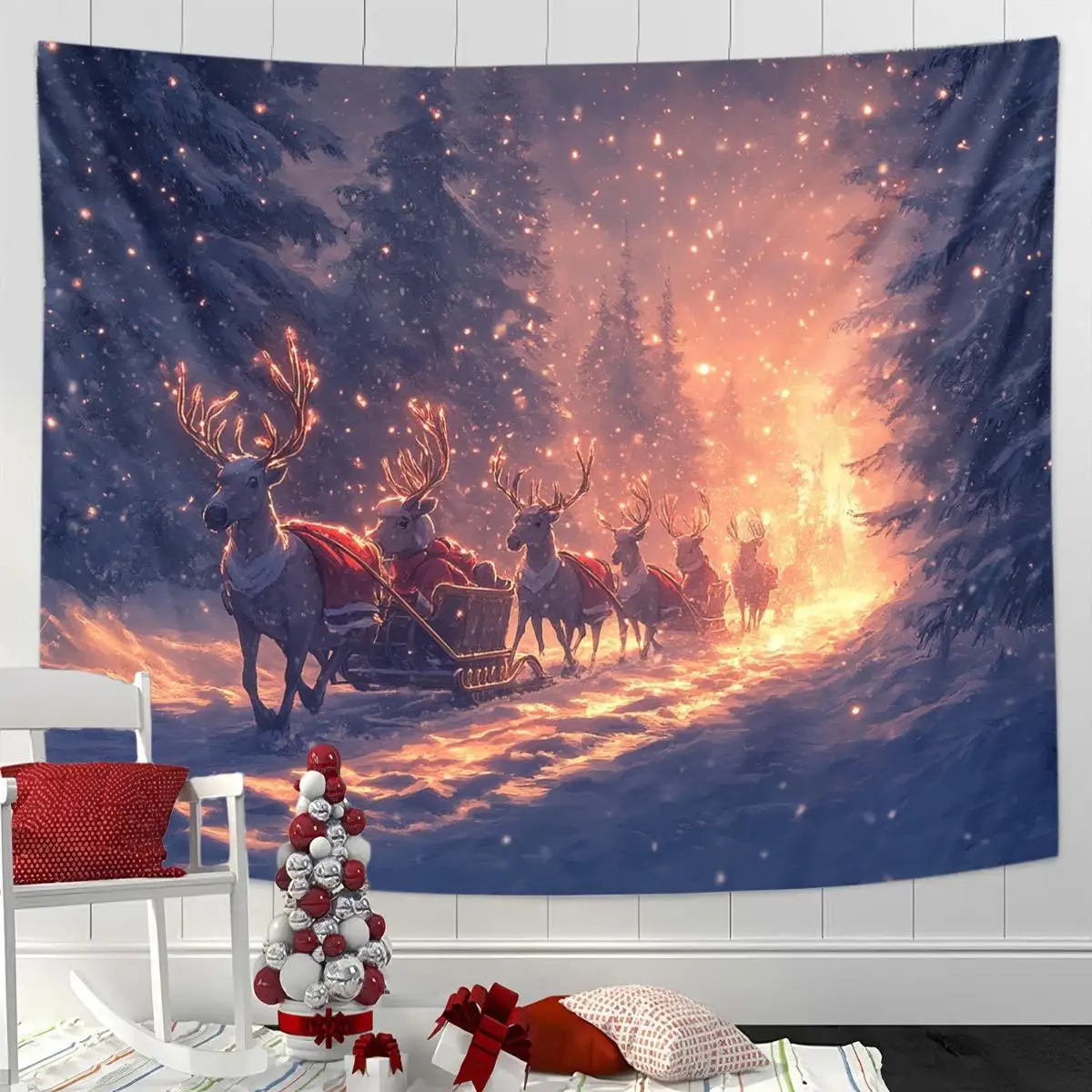 1pc Christmas Snowscape Tapestry Wall Hanging - Winter Wonderland Reindeer & Snowy Forest Scene with Sleigh & Twinkling Lights,