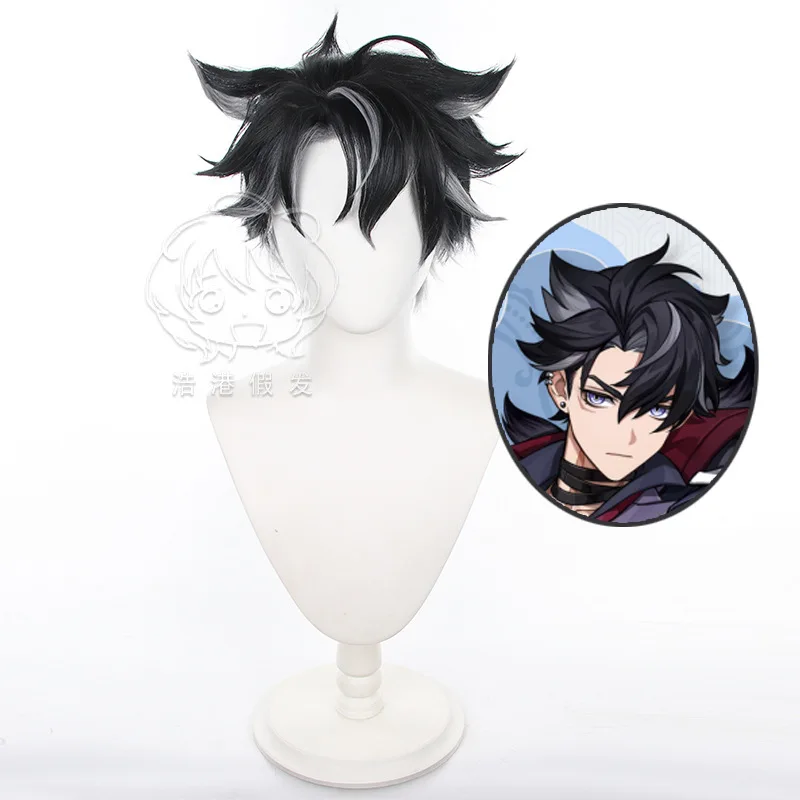 Wriothesley Wig Genshin Impact cosplay Short Black mixed Grey Wig for Wrigley Cosplay Men Boys Halloween Costume Wig