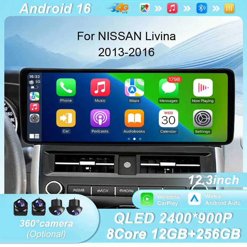 12.3 Inch Android 16 Car Radio for Nissan Livina 2013-2016 GPSNavigation Touch Screen BT WiFi FM USB Multimedia Player Head Unit