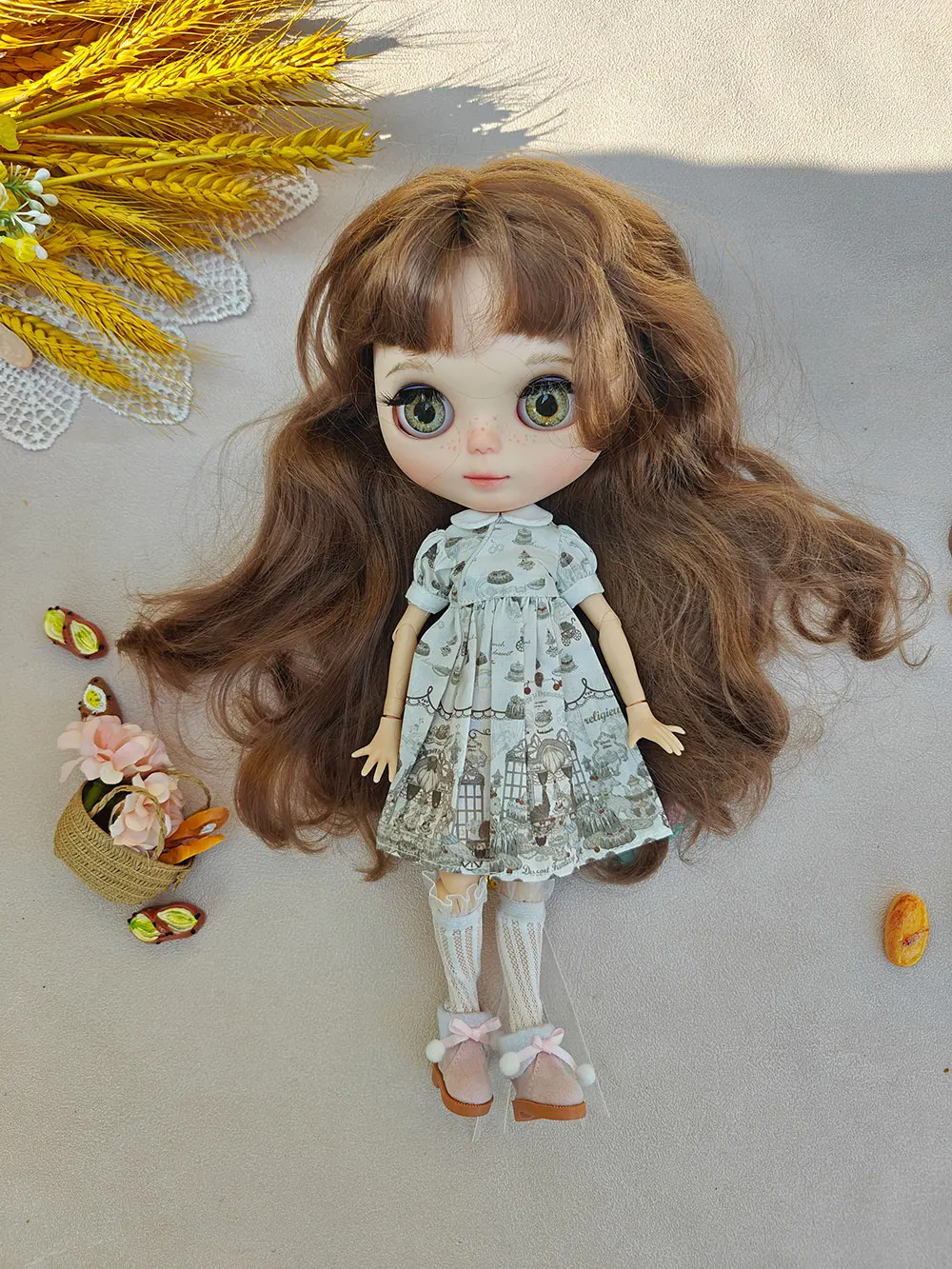 

new Blythe Dolls clothes Retro patterned short sleeved dress handmade OB22 OB24 AZONE Blythe Doll Accessories Dress