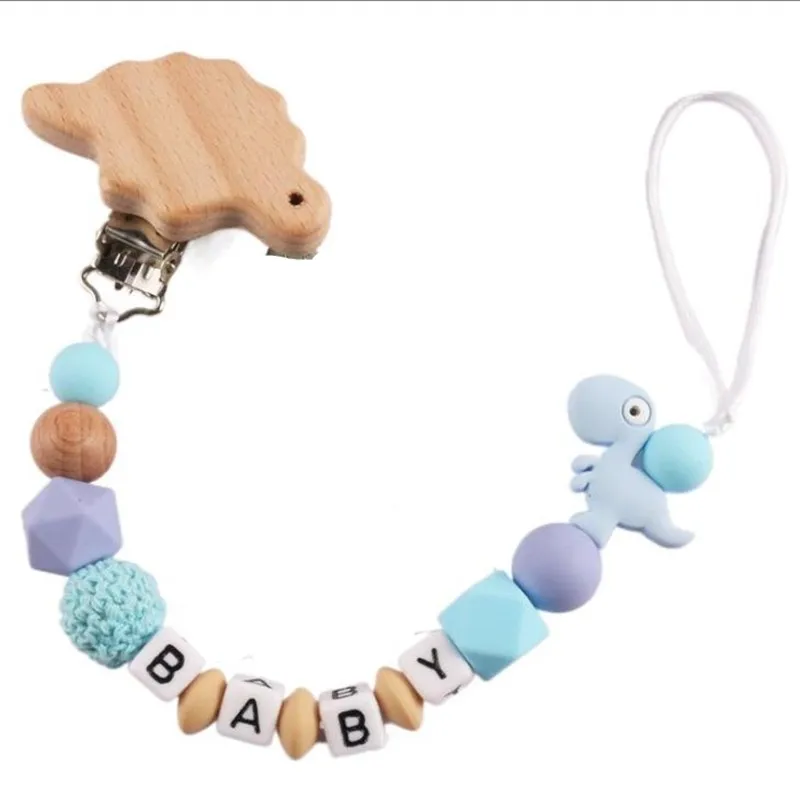 Custom Letter Name Dinosuar Pacifier Clips Chain Teether Pendants for Baby Infant Chew Leash Nipple Holder Teether Gifts