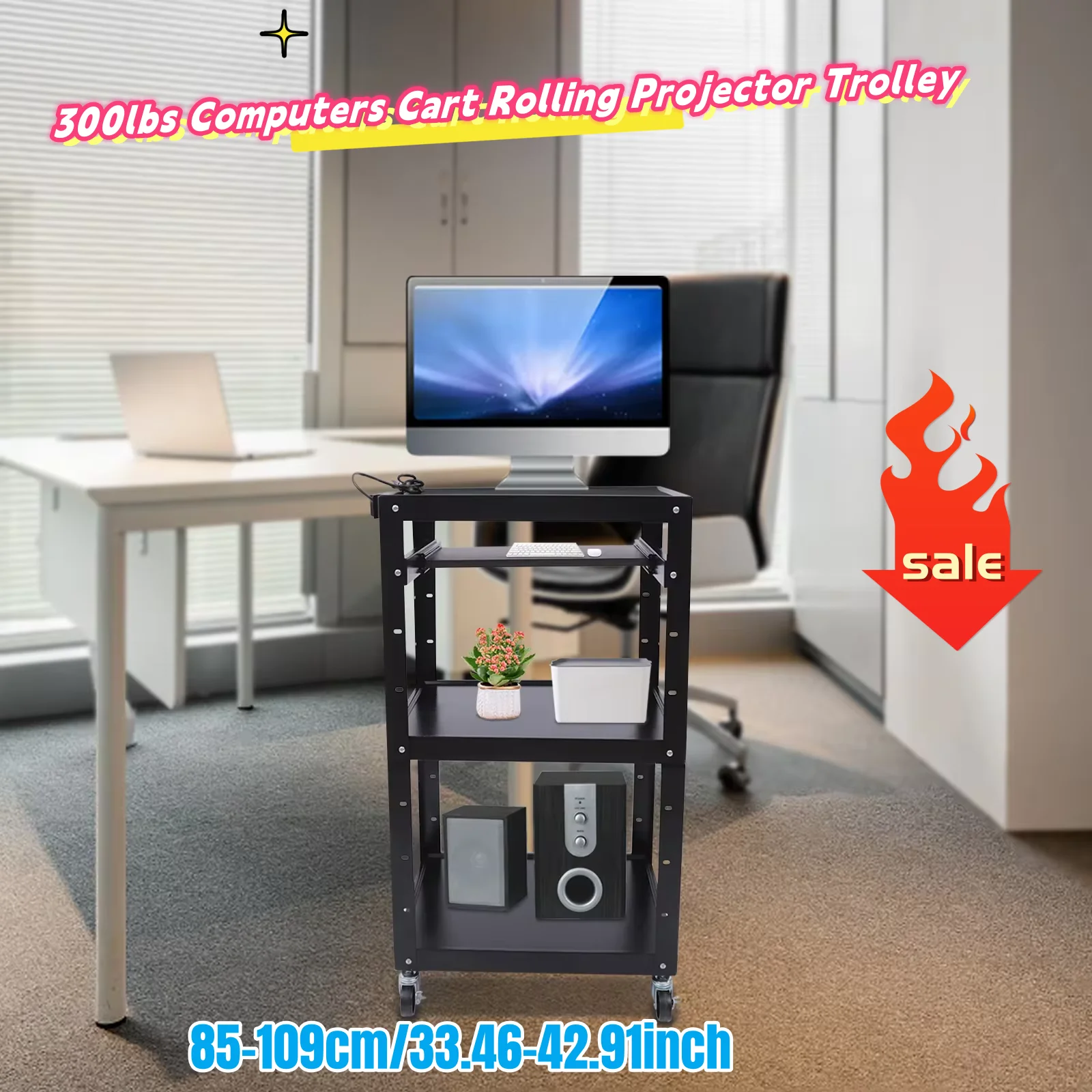 

300lbs Computers Cart Rolling Projector Trolley on Wheels with 85-109cm Height Adjustable Shelf