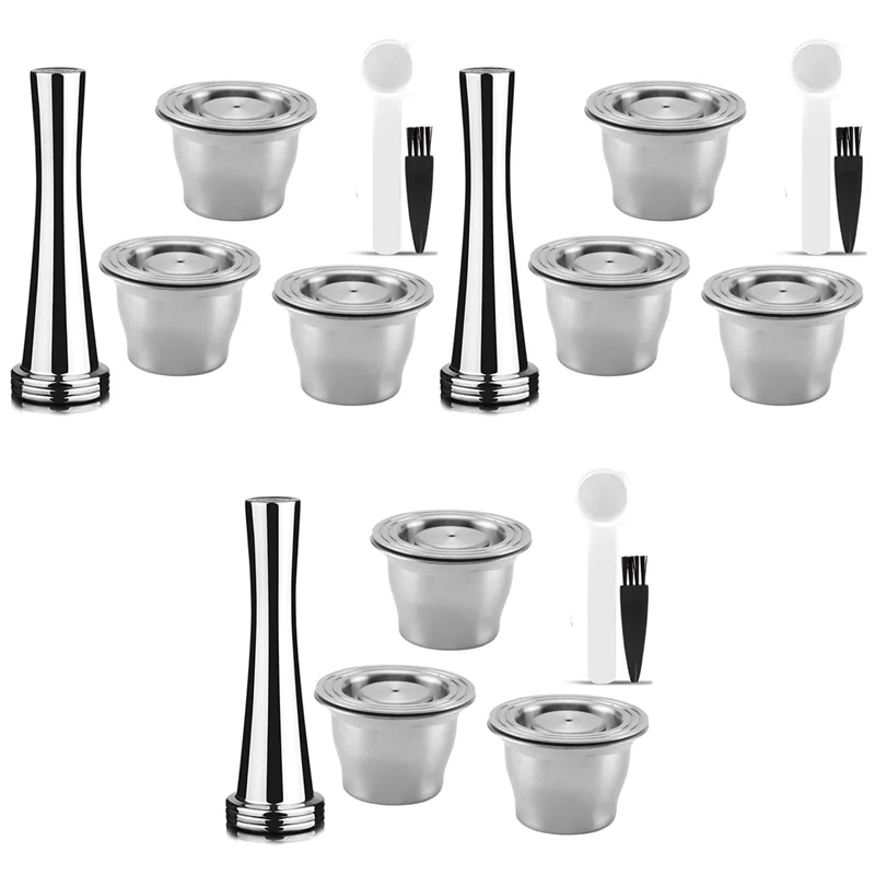 UNCL Capsules Reusable, Stainless Steel, 9 Pieces Refillable Pads For Nespresso + 3 Tamper + 3 Spoon + 3 Brush