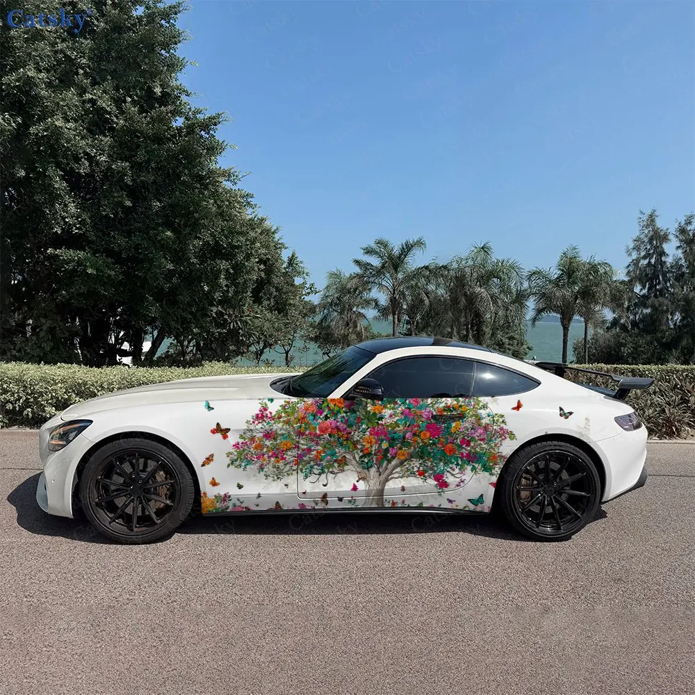 2pcs Spring Tree Colorful Butterfly, Durable, Fade-resistant, Enhance Vehicle Aesthetics With Artistic Design Car Vinyl Wraps
