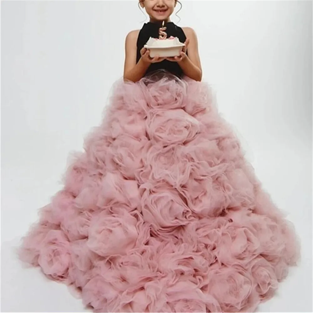 Pink Layered Flower Girl Dress For Wedding Sleeveless Tulle Puffy With Bow Baby Kids Birthday Party Ball First Communion Gowns