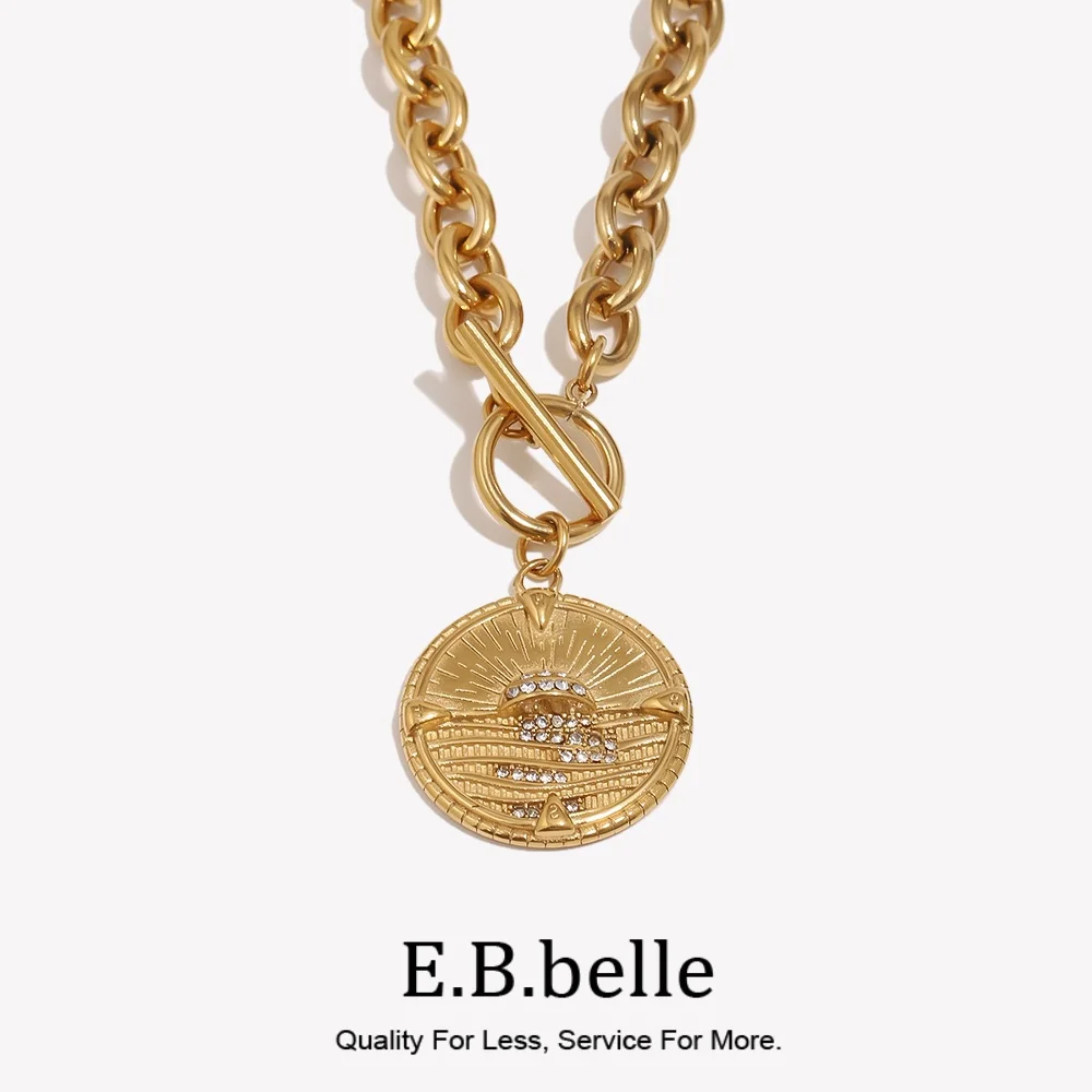 E.B.belle OT Buckle Round Sunrise Pendant Necklace 316L Stainless Steel 18K Gold Plated Exaggerated Jewelry Accessories