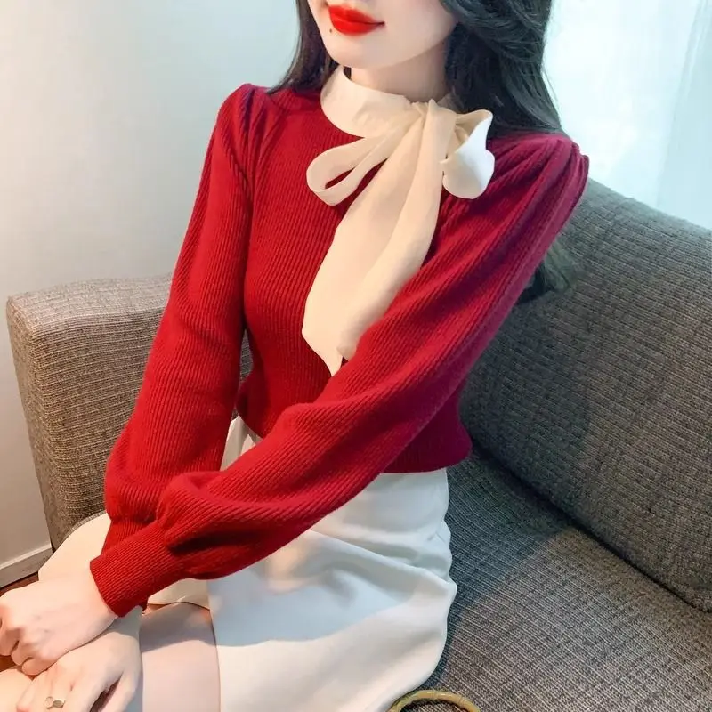 Temperament Bow Red Sweater for Women Autumn Winter New Fashion Contrast Patchwork Knitting Pullovers Top Korean Sweet Clothing