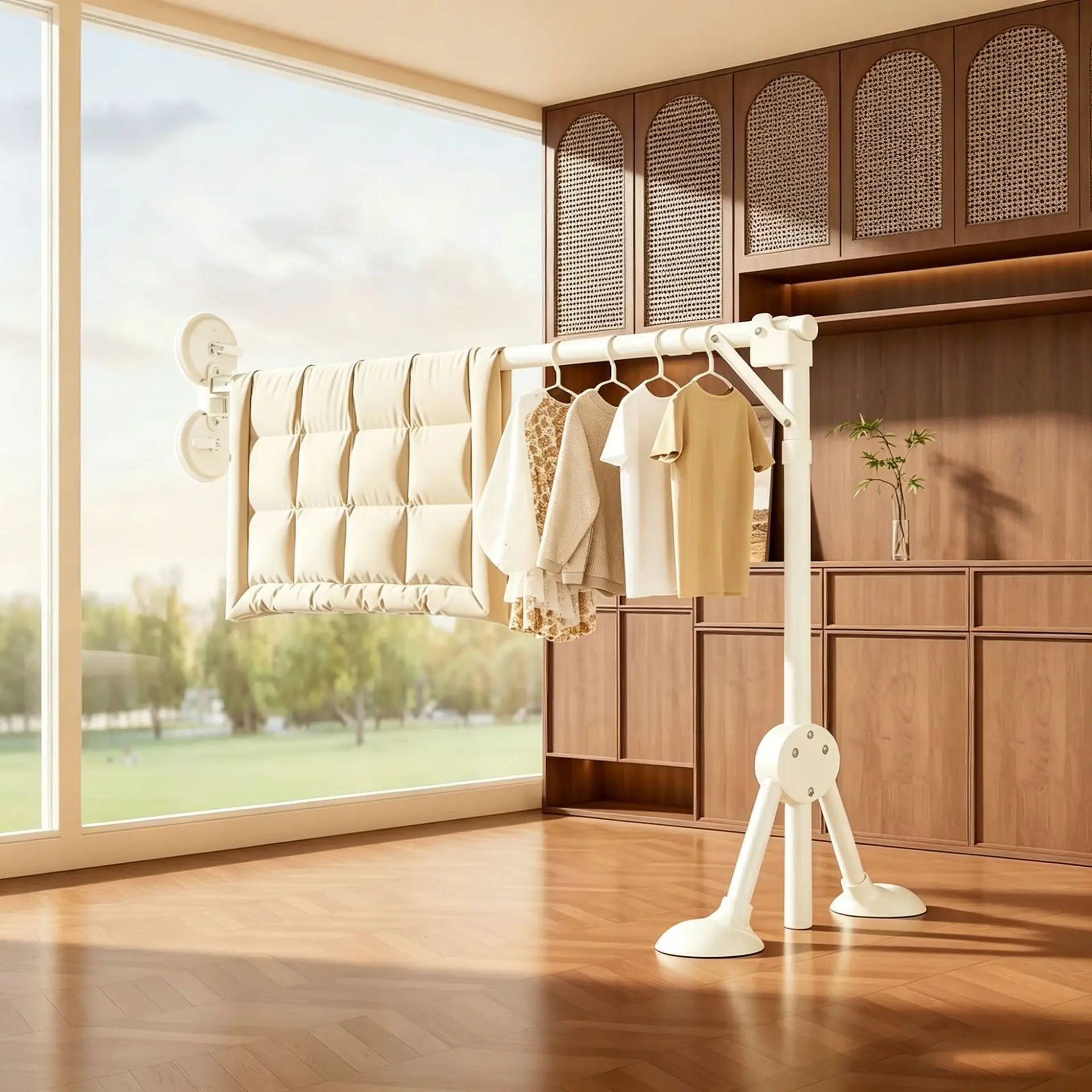 Suction cup folding drying rack, floor-to-ceiling indoor, household balcony, bay window drying rod, telescopic drying rack.