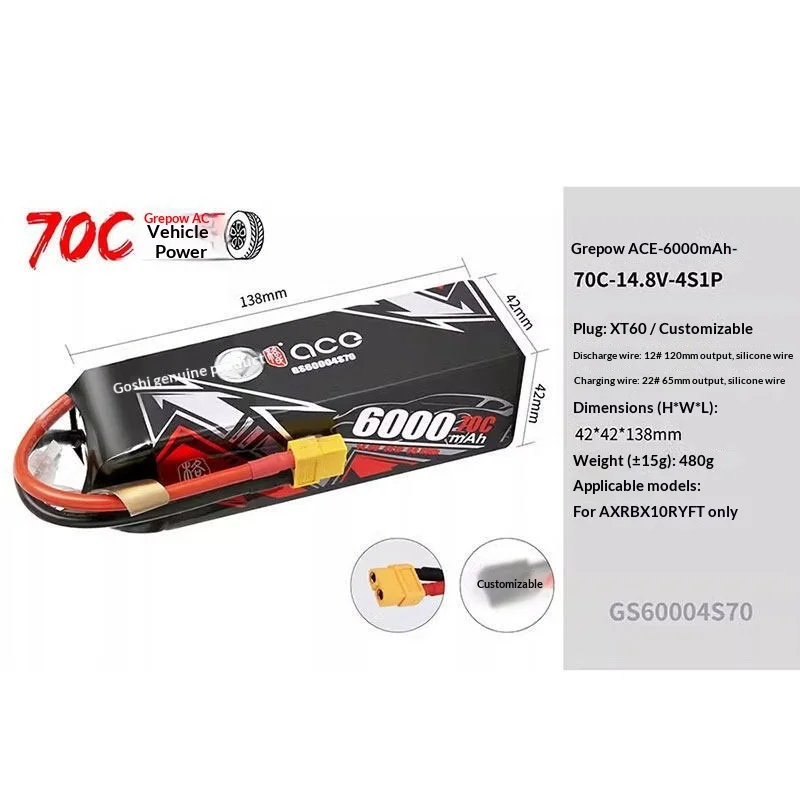 

ACE RC LiPo Battery 6000mAh 6400mAh 70C 2S 7.4V 3S 11.1V 4S 14.8V High Power Rechargeable Battery For RC Road Model Car Truck