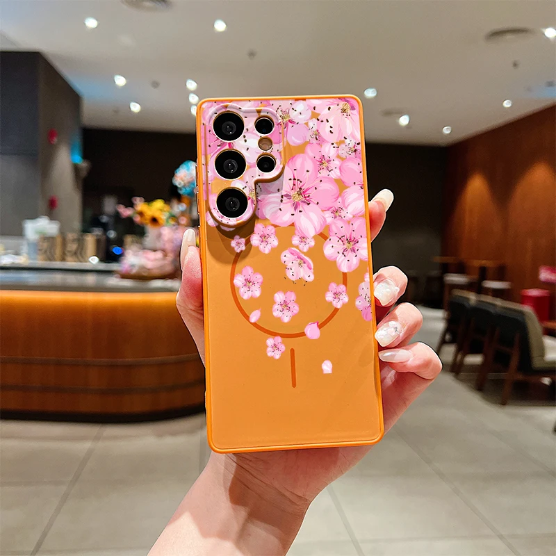 Peach Flower Print Phone Case For Samsung Galaxy S24 S26 S25 Plus S23 S22 Ultra Magnetic Wireless Charge For Magsafe Cover